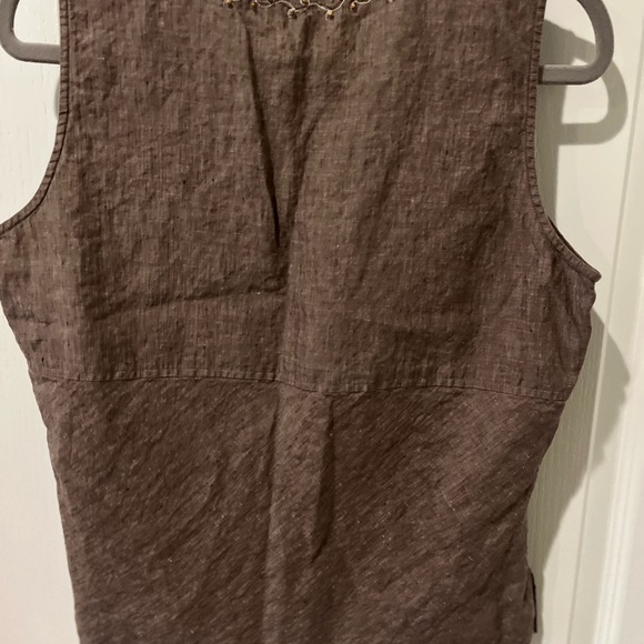 Linen Vintage J Jill Brown Sleeveless Blouse with Embroidery and Beads - Picture 4 of 5